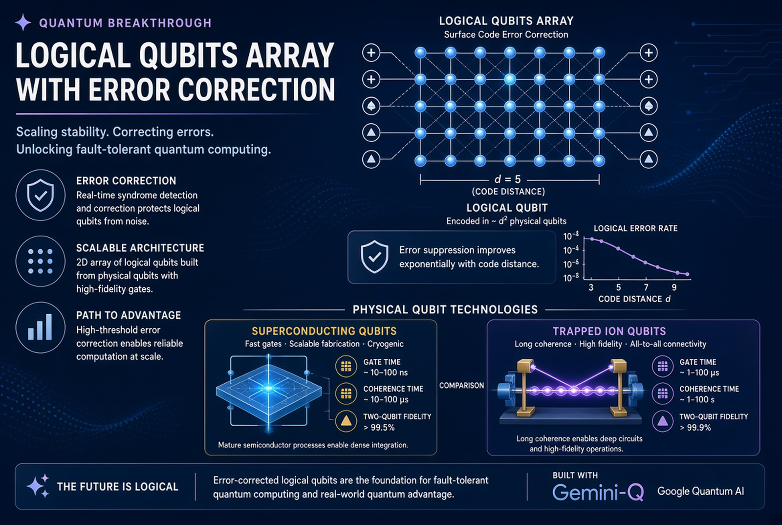 Logical qubit array with error correction, superconducting against trapped ion architectures