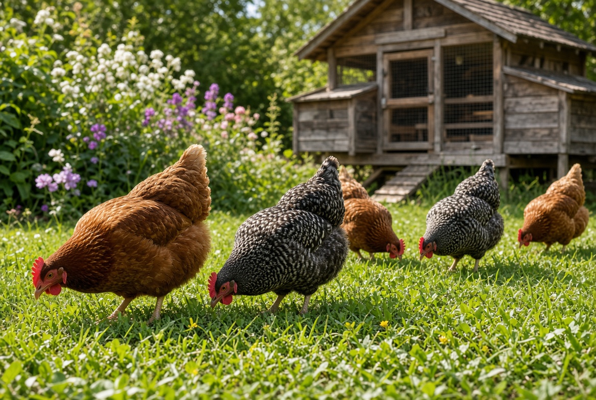 Heritage dual purpose chickens free-ranging on grass in front of a timber coop