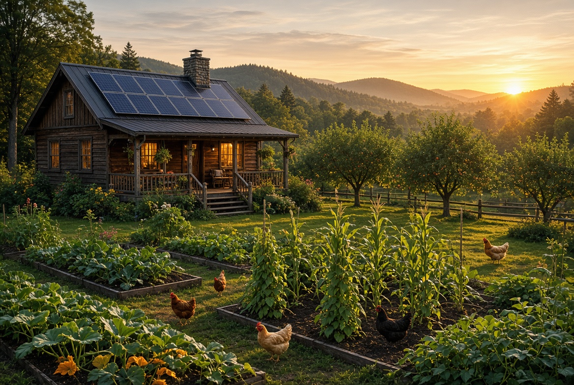A self-sufficient retirement homestead at sunrise with a solar array, raised vegetable beds, an orchard and free-ranging chickens