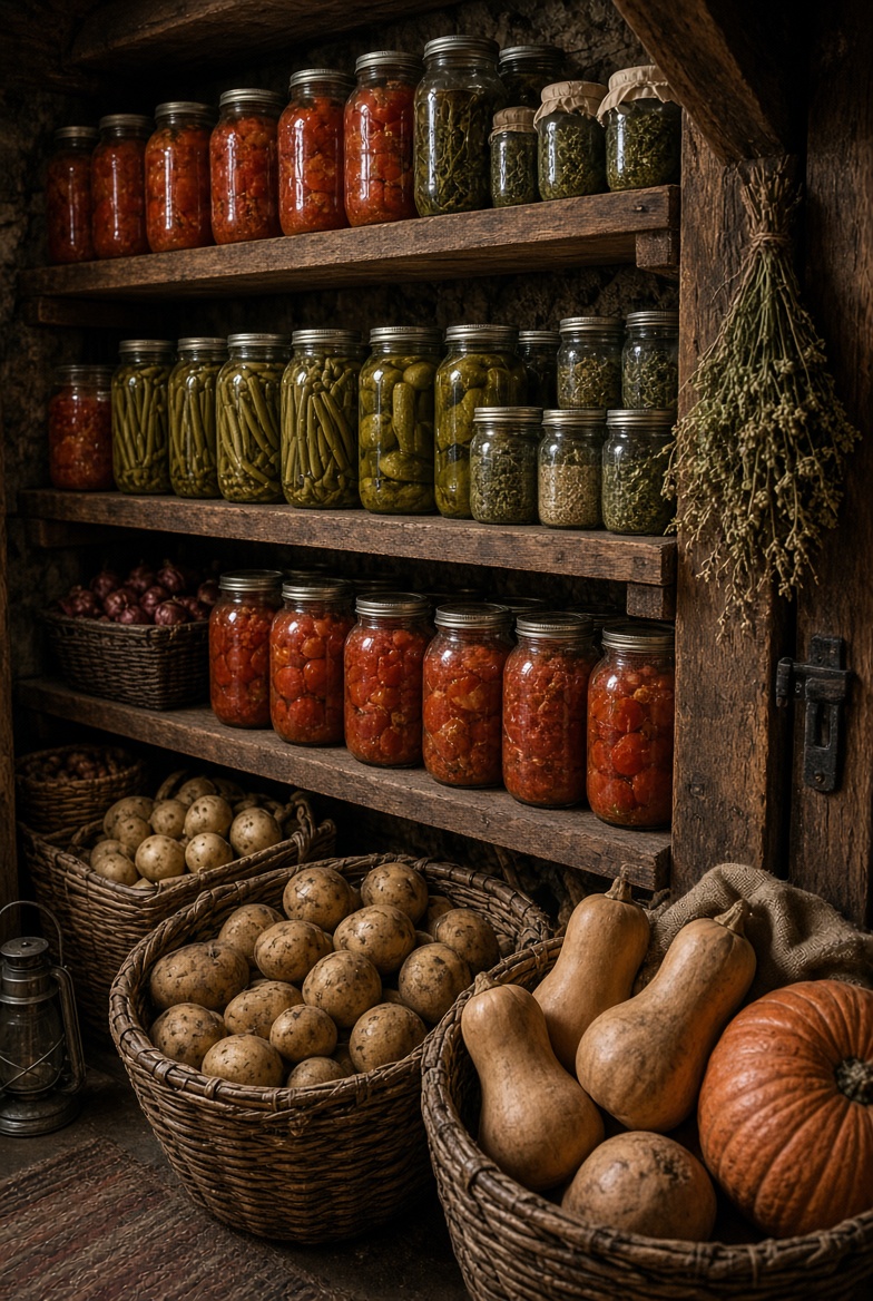 A well stocked root cellar with shelves of home canned tomatoes, beans and pickles above baskets of potatoes and winter squash