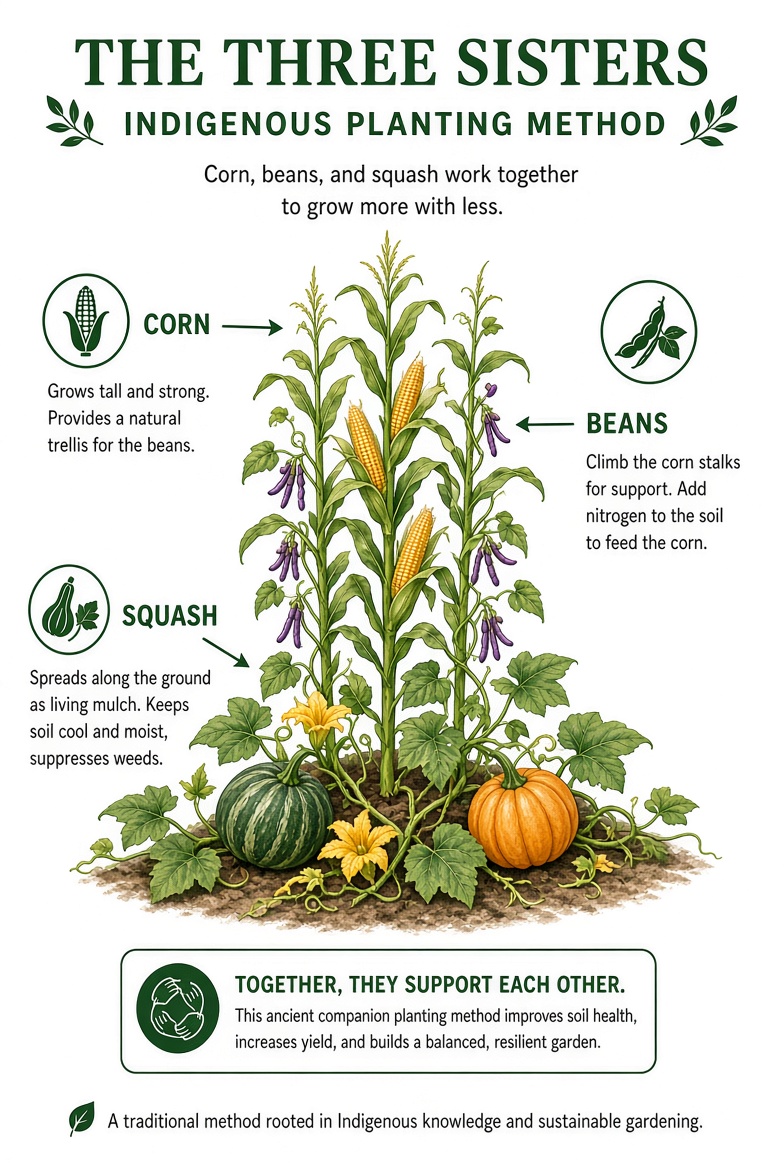 Illustrated diagram of the Three Sisters planting method showing corn providing a trellis, beans fixing nitrogen and climbing the stalks, and squash spreading as living mulch